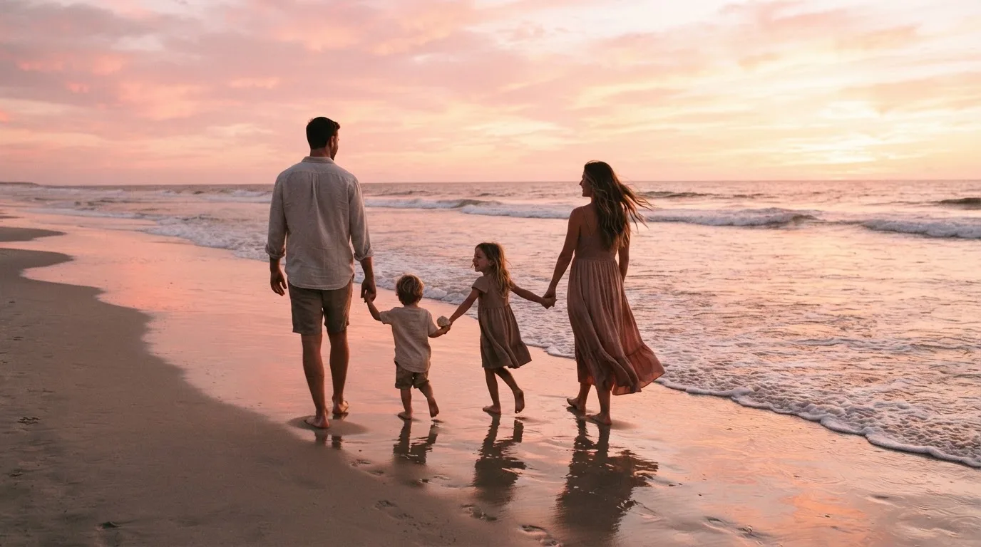 Una famiglia cammina insieme lungo una spiaggia al tramonto, lontana da schermi e dispositivi elettronici.