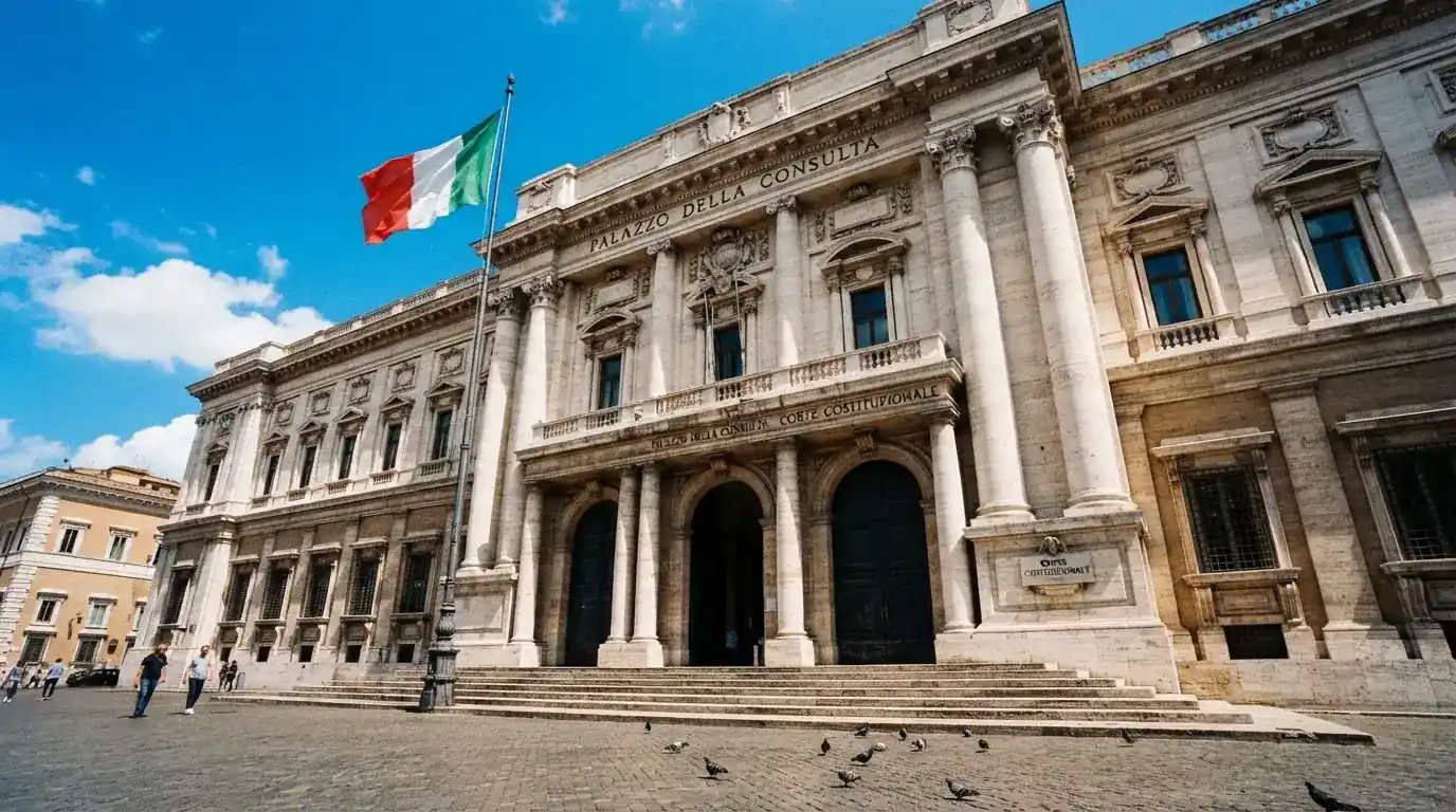 Un edificio governativo italiano con bandiera al vento fotografato dal basso in una giornata di sole.