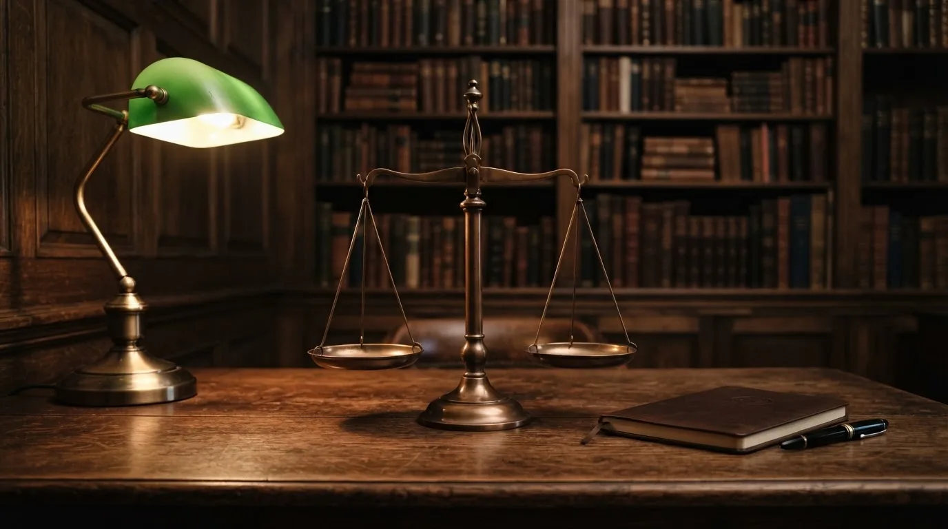 Una bilancia in bronzo posta su un tavolo di legno scuro in uno studio con libreria sfocata sullo sfondo.