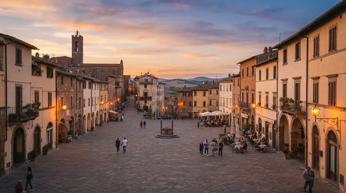 Vista panoramica di una piazza italiana al tramonto con lampioni accesi e persone che passeggiano.