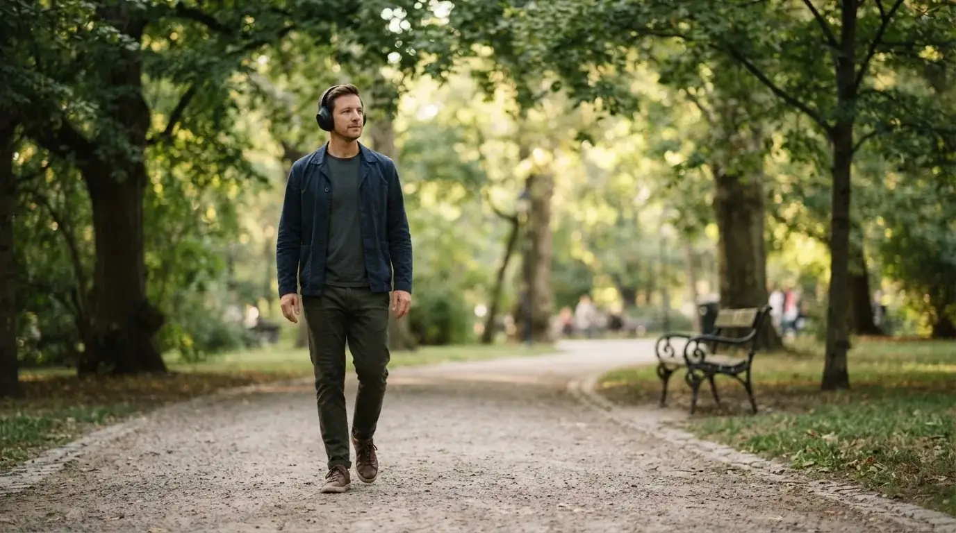 Un uomo cammina all'aperto in un parco cittadino indossando cuffie, lontano da qualsiasi dispositivo elettronico acceso.